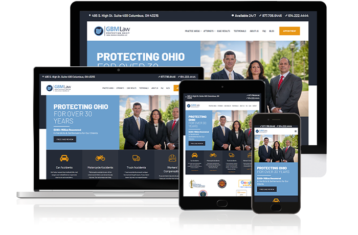 GBM Law, personal injury law firm, website displayed on multiple devices and channels