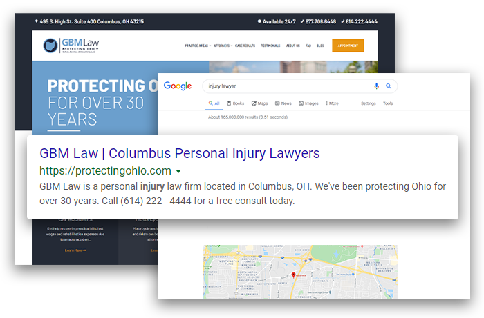 GBM Law, personal injury lawyers and law firm, collection of SEO screenshots