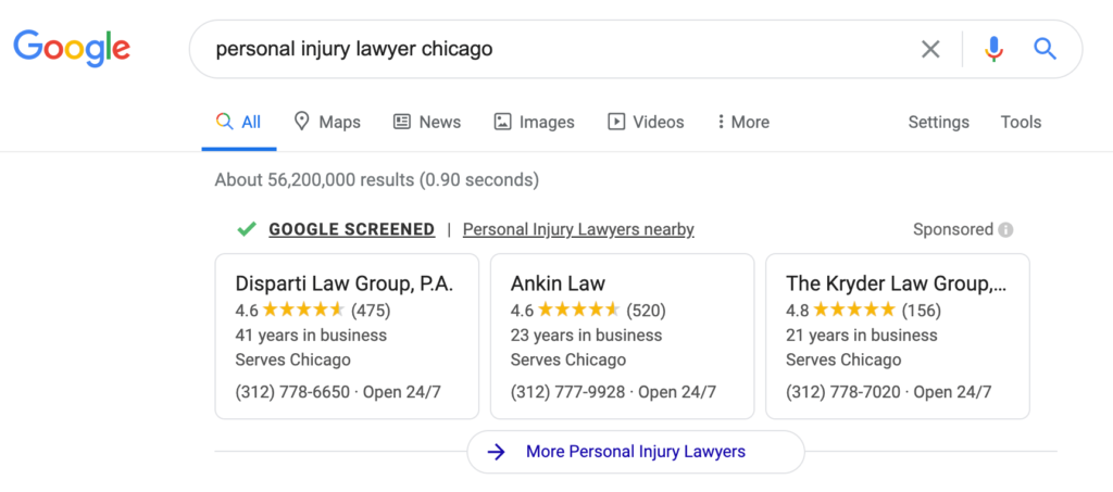 A Google search result page for "personal injury lawyer chicago" displays Google local service ads.