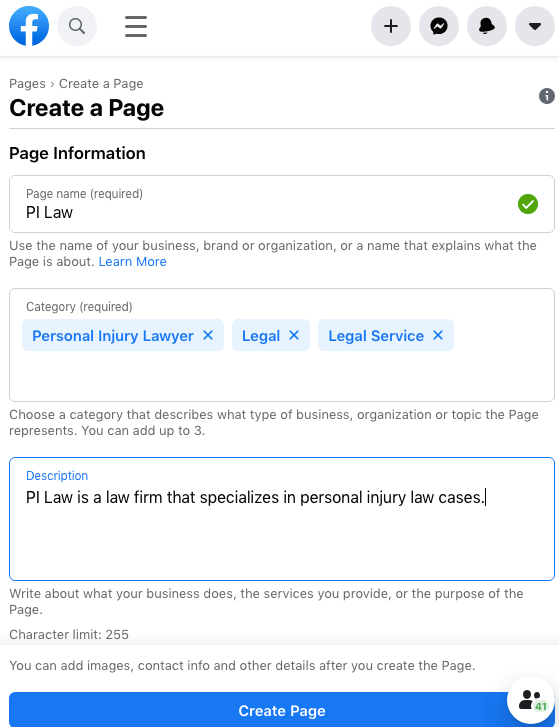 A screenshot of Facebook's Create a Business Page