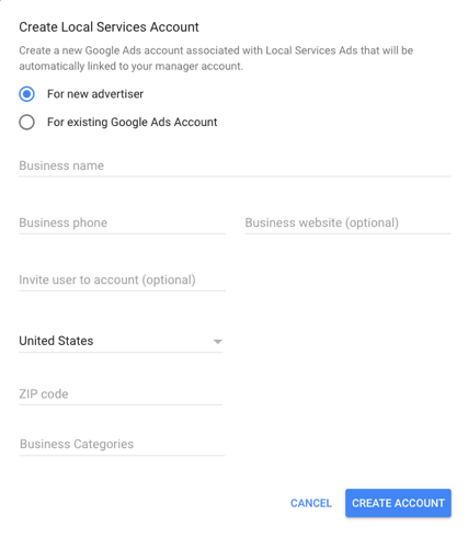 Create Local services account screenshot