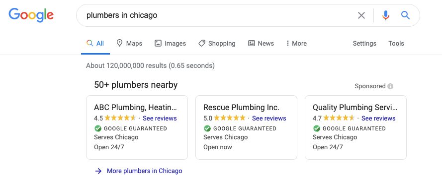 Google local services ads for plumbers in Chicago