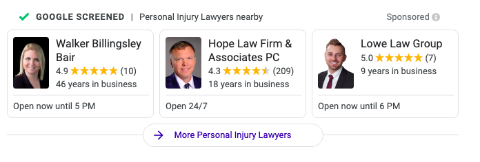 A screenshot of Google local services ads for personal injury lawyers