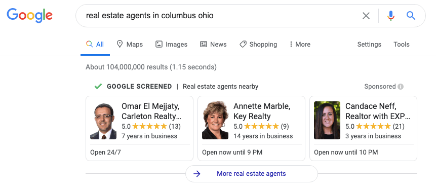 Google local services ads for real estate agents in Columbus, Ohio
