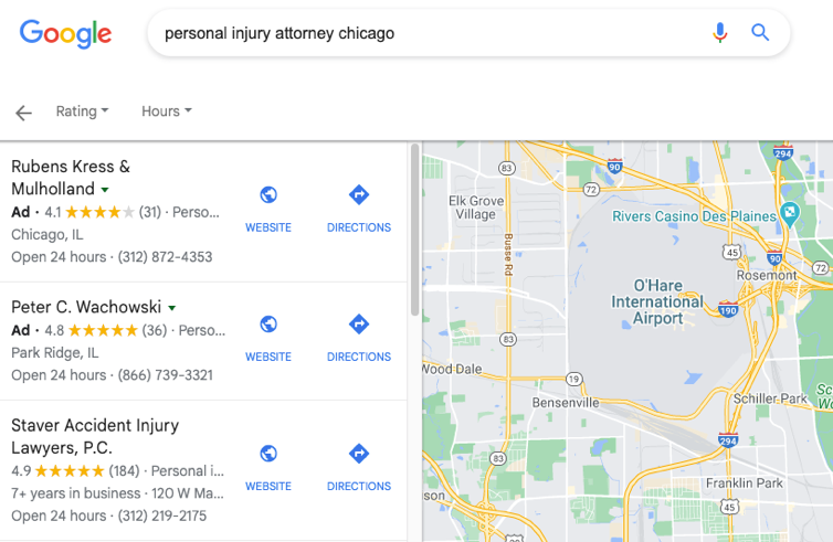 paid Google Maps listings for the keyword phrase "personal injury attorney chicago"