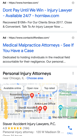 more paid search ads and a maps ad for "personal injury attorney Chicago"