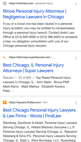 organic search results for the keyword phrase "personal injury attorney Chicago"