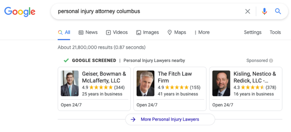 local services ads of personal injury attorneys in Columbus