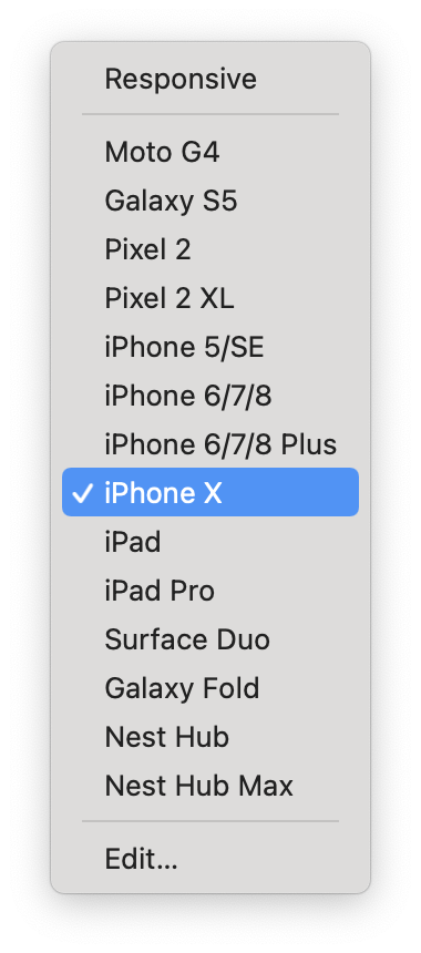 iPhone X device selected in dropdown menu on Chrome inspect tool