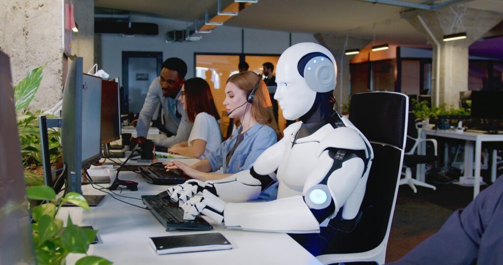 A robot symbolizing AI performs human tasks